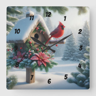 Winter Cardinal on a Festive Birdhouse Square Wall Clock