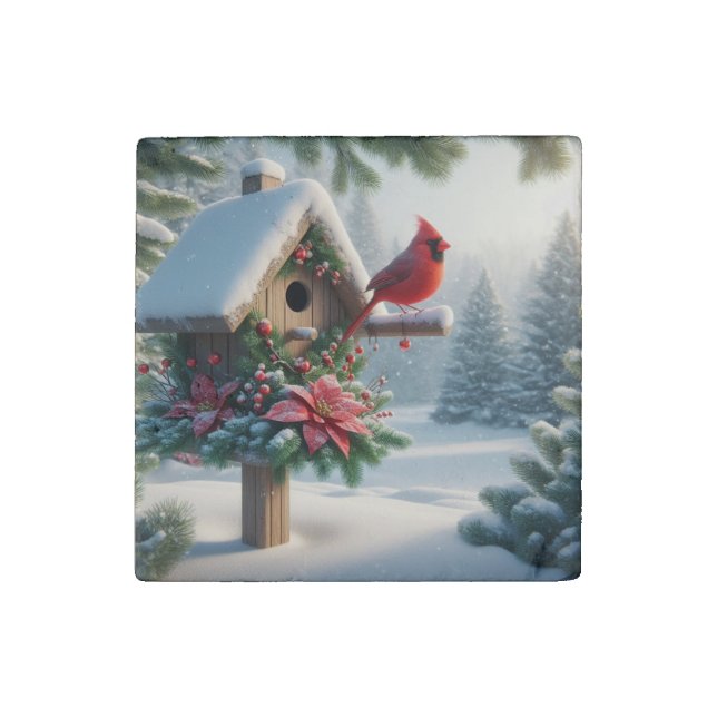 Winter Cardinal on a Festive Birdhouse Stone Magnet (Front)