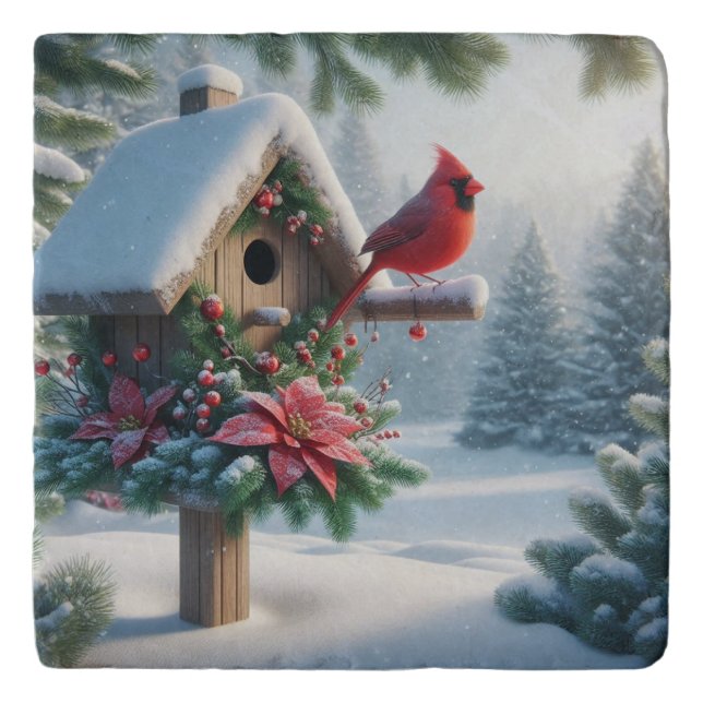 Winter Cardinal on a Festive Birdhouse Trivet (Front)