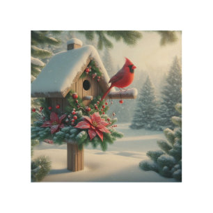 Winter Cardinal on a Festive Birdhouse Wood Wall Art