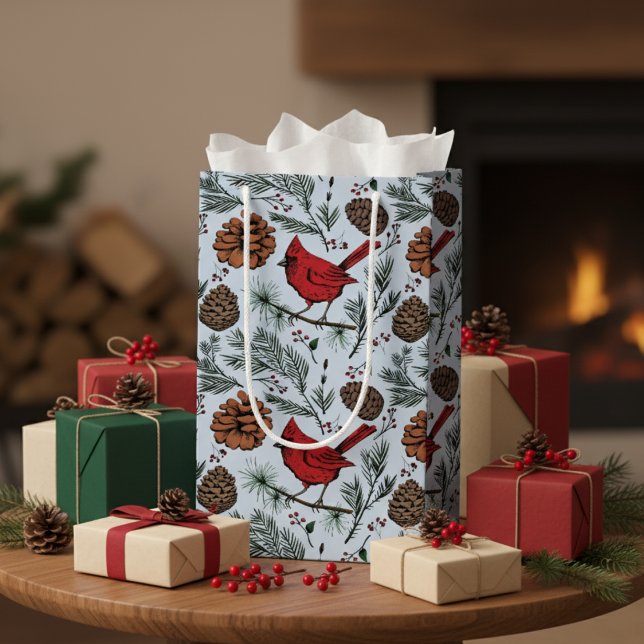 Winter Cardinal, Pine Cones, Red Berries Blue  Small Gift Bag (Elegant Winter Red Cardinal Bird, Pine, Pinecones, Xmas Red Berries Rustic Christmas Blue Pattern)