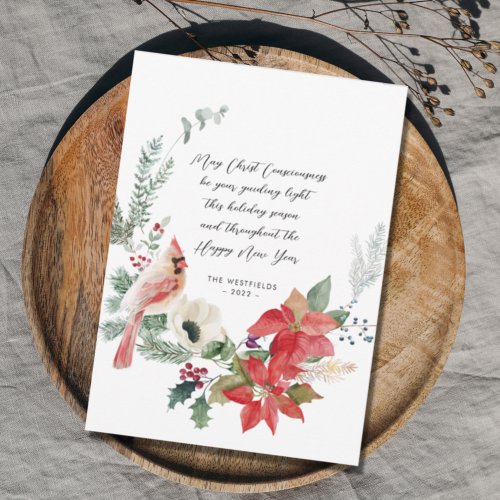 Winter Cardinal Red Poinsettias Greenery Wreath Holiday Card