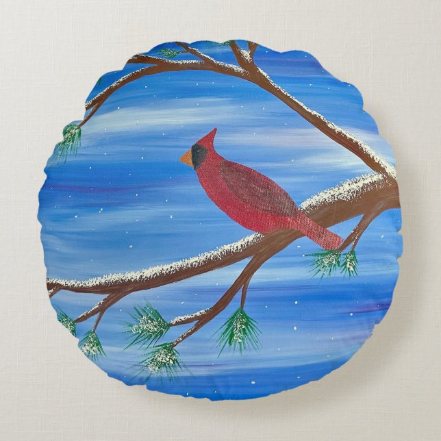 Winter Cardinal Round Pillow (Front)