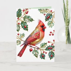 Winter Cardinal With Holly Holiday Card