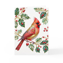 Winter Cardinal With Holly Note Card