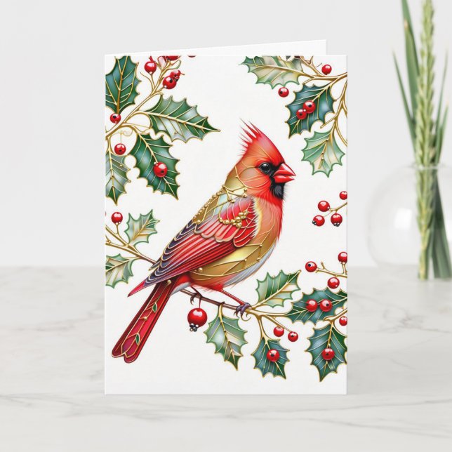 Winter Cardinal With Holly Note Card (Front)