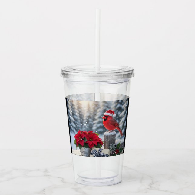 Winter Cardinal with Poinsettia Acrylic Tumbler (Front)