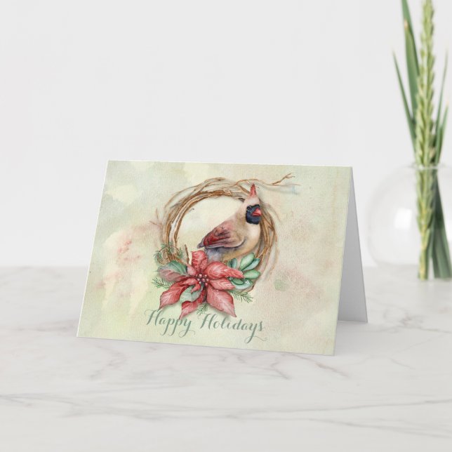 Winter Cardinal with Poinsettia - Customize Holiday Card (Front)
