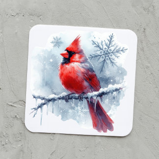 Winter Cardinal with Snowflakes on Icy Branch Square Sticker