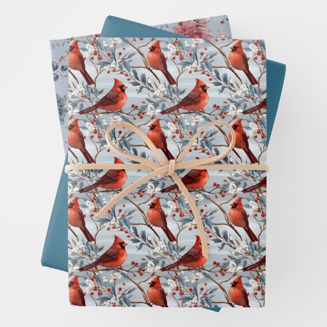 Winter Cardinals and Florals Christmas Wrapping Paper Sheets (In situ)