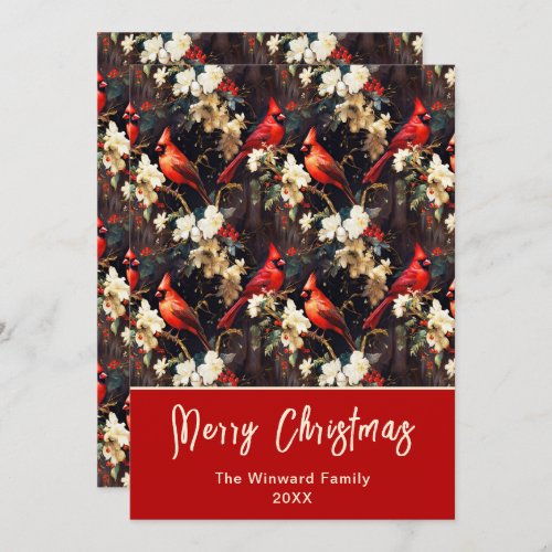 Winter Cardinals and Flowers Merry Christmas Holiday Card