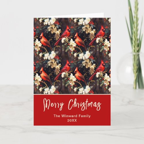 Winter Cardinals and Flowers Merry Christmas Holiday Card