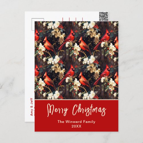 Winter Cardinals and Flowers Merry Christmas Holiday Postcard