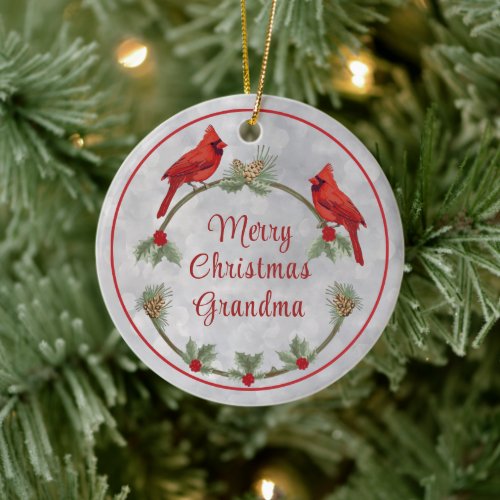 Winter Cardinals and Pines Ceramic Ornament