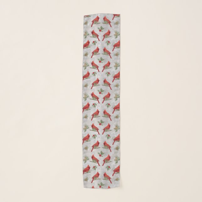 Winter Cardinals and Pines Chiffon Scarf (Front)