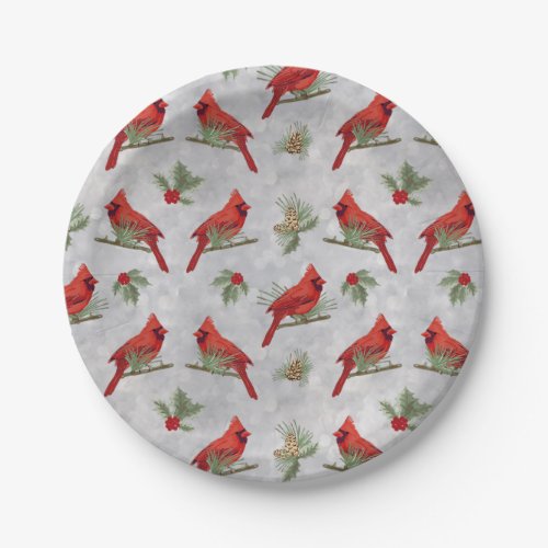 Winter Cardinals and Pines Paper Plate