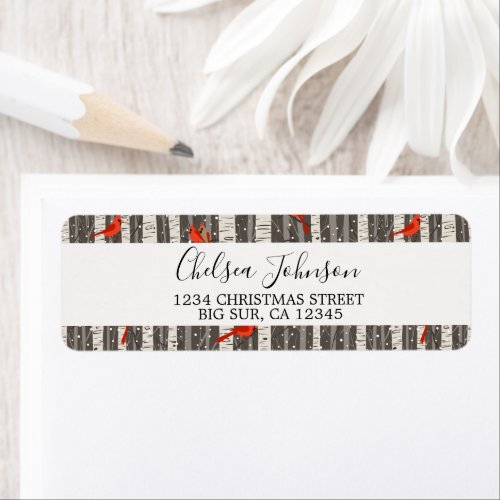 Winter Cardinals in Birch Trees Label