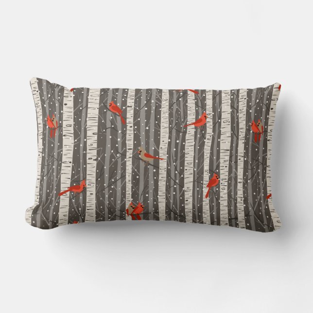 Winter Cardinals in Birch Trees Lumbar Pillow (Front)