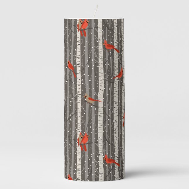 Winter Cardinals in Birch Trees Pillar Candle (Front)