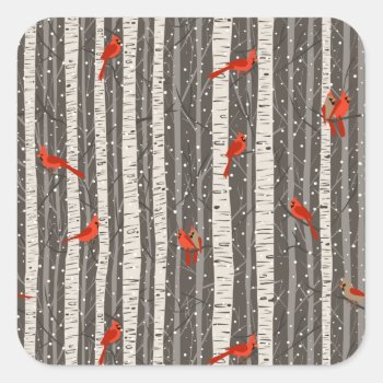 Winter Cardinals In Birch Trees Square Sticker by prettypicture at Zazzle