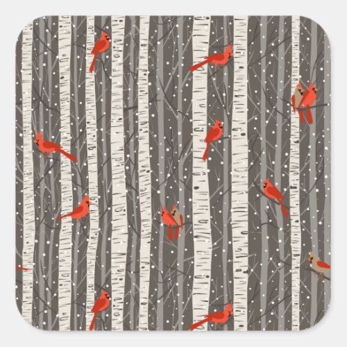Winter Cardinals in Birch Trees Square Sticker