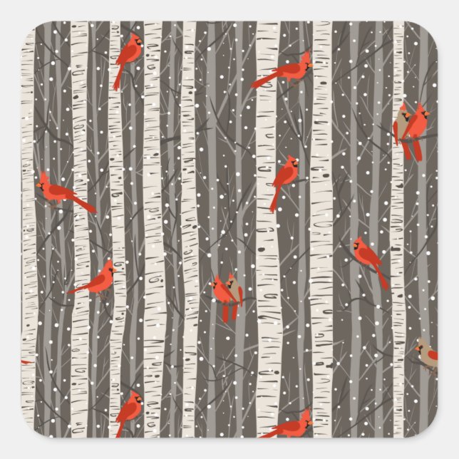 Winter Cardinals in Birch Trees Square Sticker (Front)