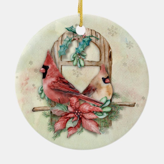 Winter Cardinals Pair with Poinsettia Ceramic Ornament (Back)