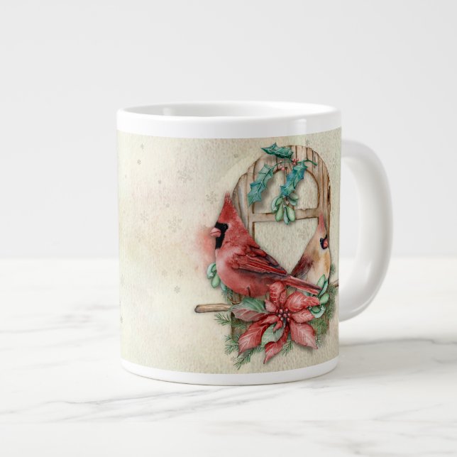Winter Cardinals Pair with Poinsettia Giant Coffee Mug (Front Right)