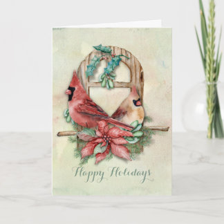 Winter Cardinals Pair with Poinsettia Holiday Card