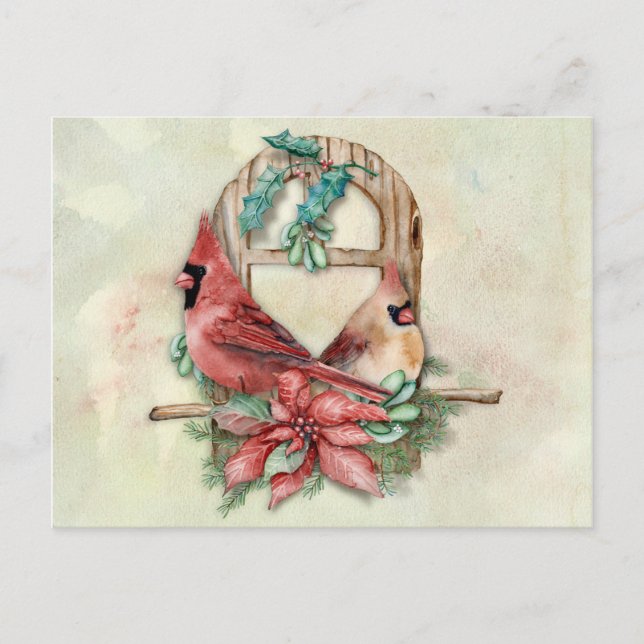 Winter Cardinals Pair with Poinsettia Postcard (Front)
