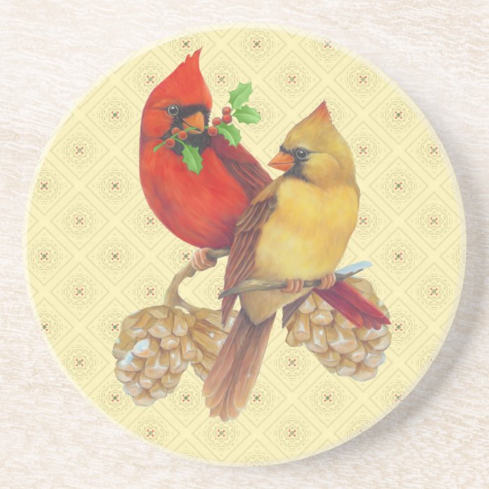 Winter Cardinals Pine and Holly Beverage Coasters