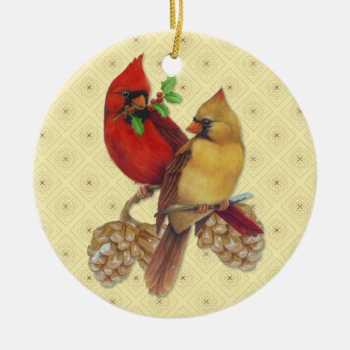 Winter Cardinals Pine and Holly Ceramic Ornament
