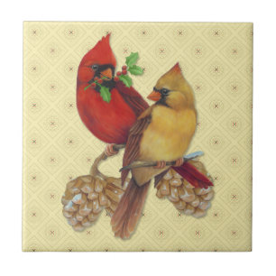 Winter Cardinals Pine and Holly Ceramic Tile