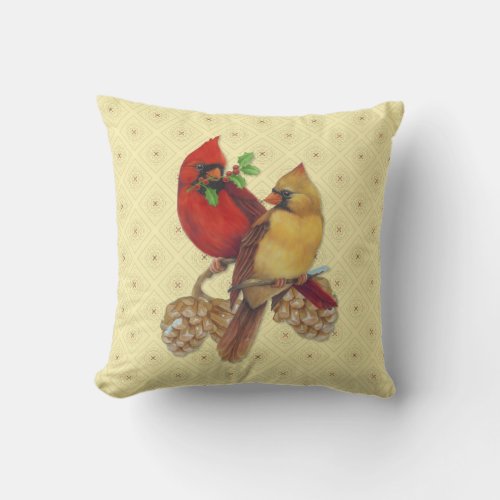 Winter Cardinals Pine and Holly Throw Pillow