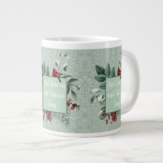 Winter Cardinals Sage and Teal Leaves Personalized Mug