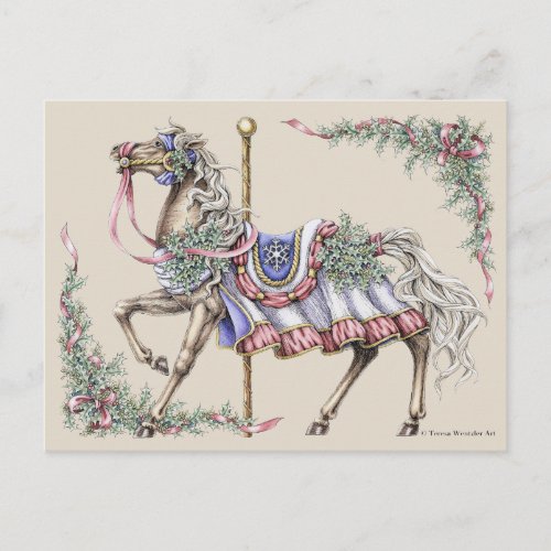 Winter Carousel Horse Drawing Post Card