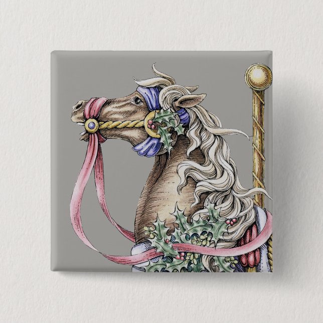 Winter Carousel Horse Drawing Square Button (Front)