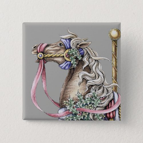 Winter Carousel Horse Drawing Square Button