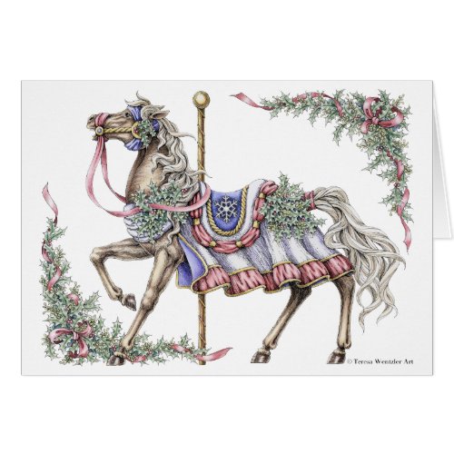 Winter Carousel Horse Pen and Ink Drawing Card