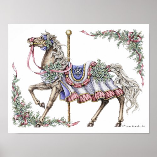Winter Carousel Horse Pen and Ink Drawing Poster