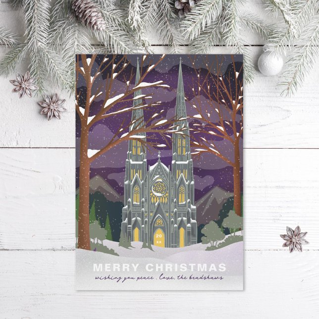 Winter Cathedral Illustrated Christmas Purple Holiday Card (Creator Uploaded)
