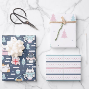 Winter Cats Fun Pastel Holiday Christmas Wrapping Paper Sheets