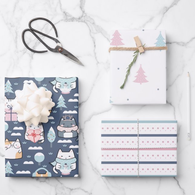 Winter Cats Fun Pastel Holiday Christmas Wrapping Paper Sheets (Front)