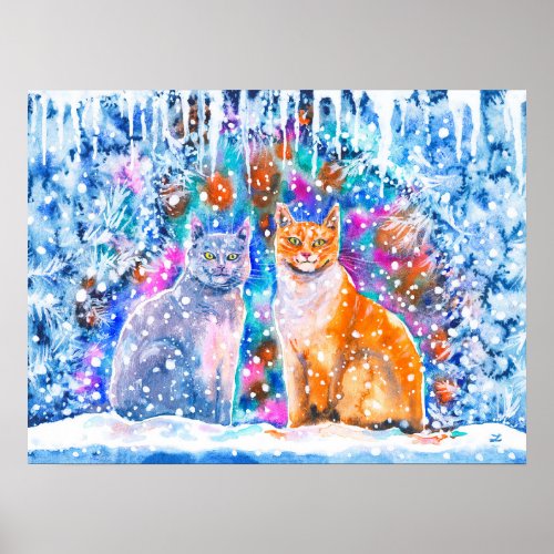 Winter Cats Watercolor Christmas Holiday Poster