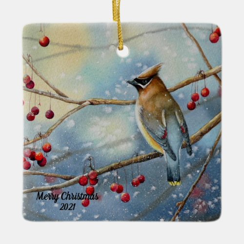 Winter Cedar Waxwing Bird  Berries Watercolor Art Ceramic Ornament