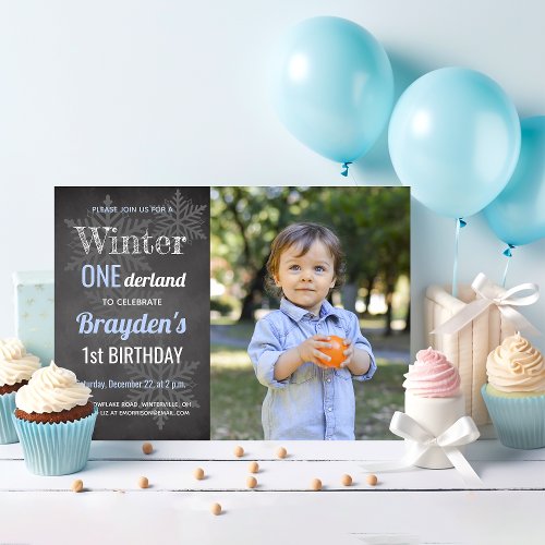 Winter Chalkboard Photo Boys 1st Birthday Invitation