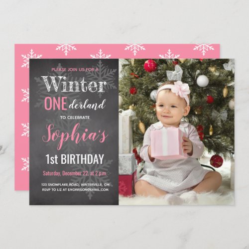 Winter Chalkboard Photo Girls 1st Birthday Invitation