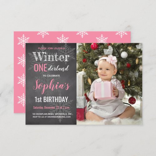 Winter Chalkboard Photo Girls 1st Birthday Invitation