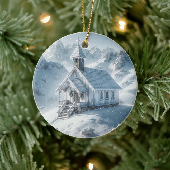 Winter Chapel In The Mountains Ceramic Ornament (Tree)