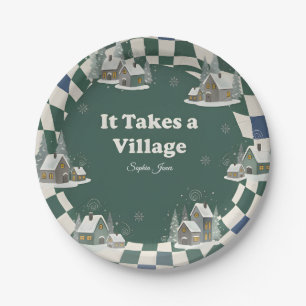Winter Checkered "It Takes a Village" baby shower Paper Plates